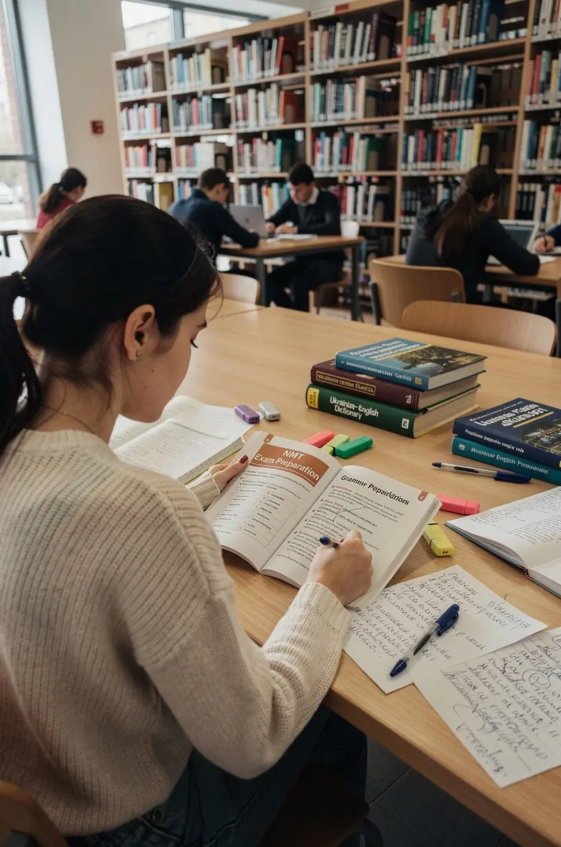 Group of international students discussing NMT preparation techniques in university library